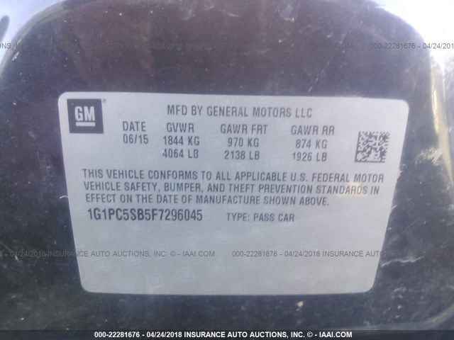 1G1PC5SB5F7296045 - 2015 CHEVROLET CRUZE LT BLACK photo 9