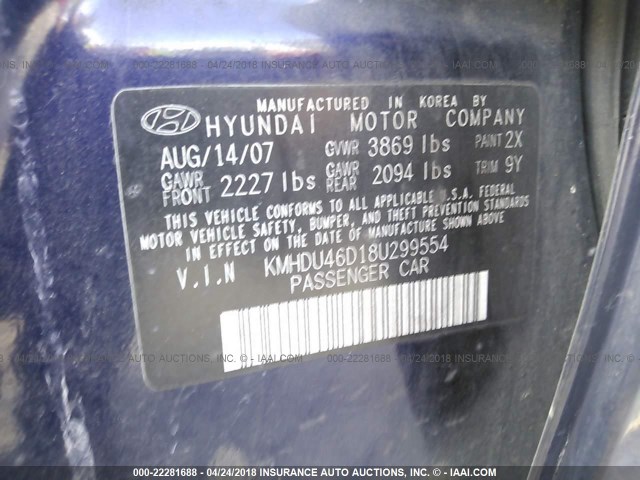 KMHDU46D18U299554 - 2008 HYUNDAI ELANTRA GLS/SE/LIMITED BLUE photo 9