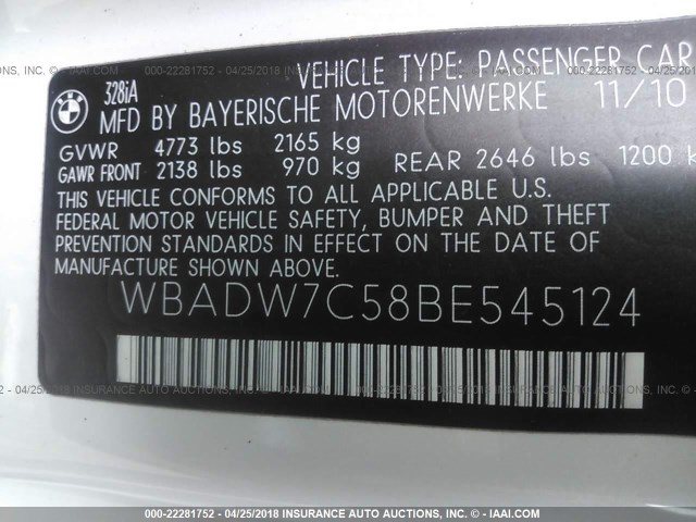 WBADW7C58BE545124 - 2011 BMW 328 I SULEV WHITE photo 9