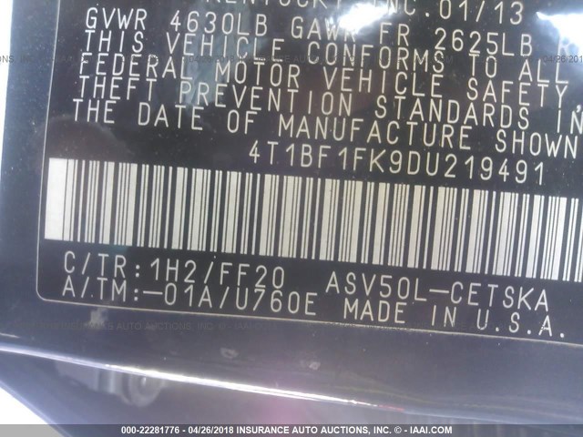 4T1BF1FK9DU219491 - 2013 TOYOTA CAMRY L/SE/LE/XLE 黑色 照片 9