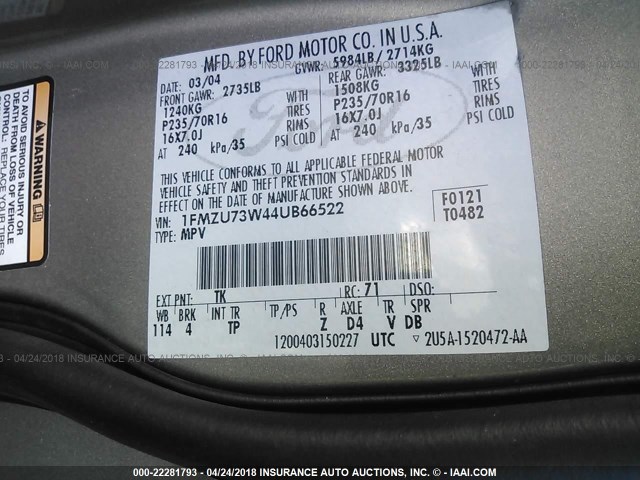 1FMZU73W44UB66522 - 2004 FORD EXPLORER XLT/XLT SPORT/NBX 棕色 照片 9