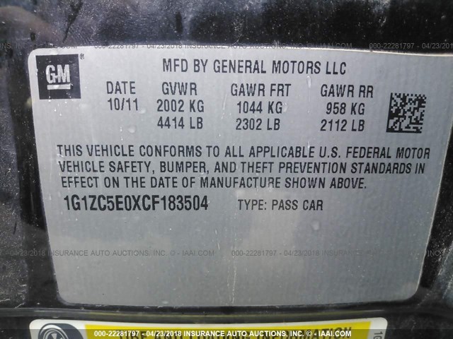 1G1ZC5E0XCF183504 - 2012 CHEVROLET MALIBU 1LT 黑色 照片 9