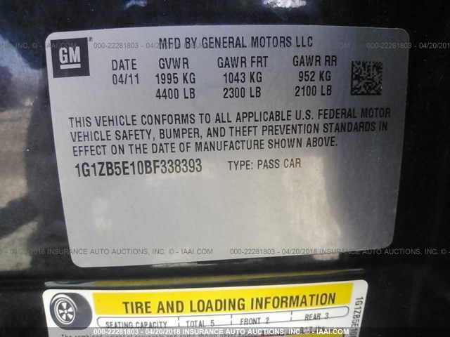 1G1ZB5E10BF338393 - 2011 CHEVROLET MALIBU LS 黑色 照片 9