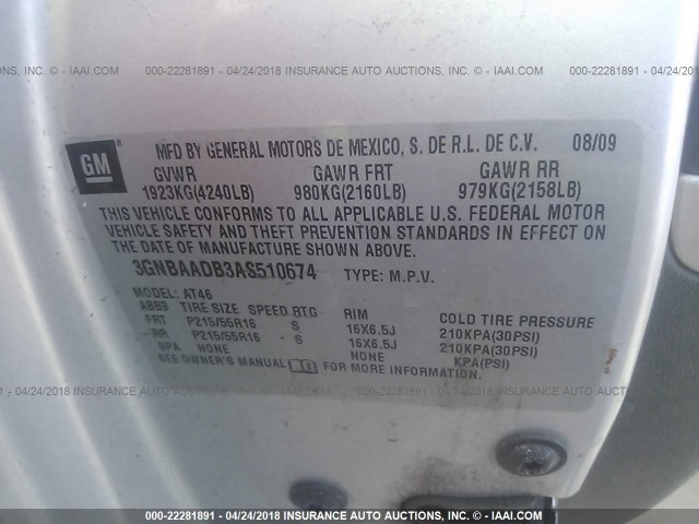 3GNBAADB3AS510674 - 2010 CHEVROLET HHR LS SILVER photo 9