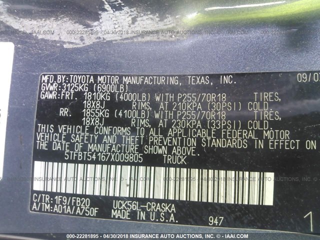 5TFBT54167X009805 - 2007 TOYOTA TUNDRA DOUBLE CAB SR5 GRAY photo 9