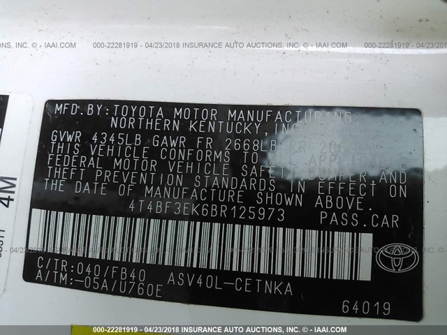 4T4BF3EK6BR125973 - 2011 TOYOTA CAMRY SE/LE/XLE WHITE photo 9