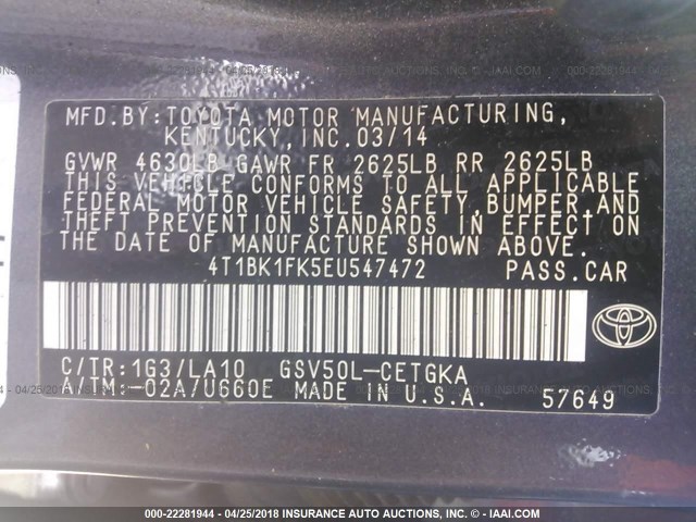 4T1BK1FK5EU547472 - 2014 TOYOTA CAMRY SE/XLE GRAY photo 9