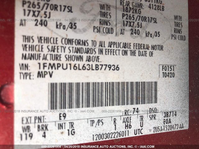 1FMPU16L63LB77936 - 2003 FORD EXPEDITION XLT 红色 照片 9