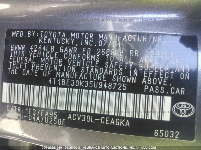 4T1BE30K35U948725 - 2005 TOYOTA CAMRY LE/XLE/SE 灰色 照片 9