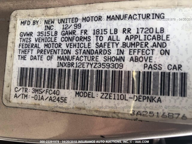 1NXBR12E7YZ359309 - 2000 TOYOTA COROLLA VE/CE/LE 香槟色 照片 9