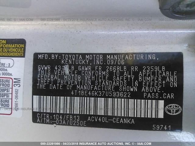 4T1BE46K37U593622 - 2007 TOYOTA CAMRY NEW GENERAT CE/LE/XLE/SE SILVER photo 9