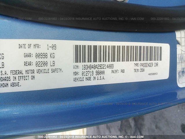 1B3HB48A29D214089 - 2009 DODGE CALIBER SXT BLUE photo 9