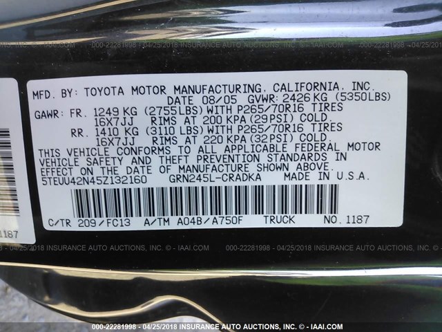 5TEUU42N45Z132160 - 2005 TOYOTA TACOMA ACCESS CAB Қара фото 9