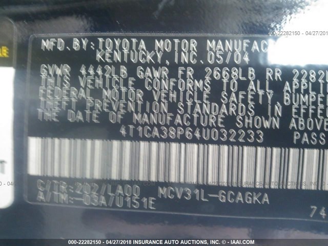4T1CA38P64U032233 - 2004 TOYOTA CAMRY SOLARA SE/SLE შავი ფოტო 9