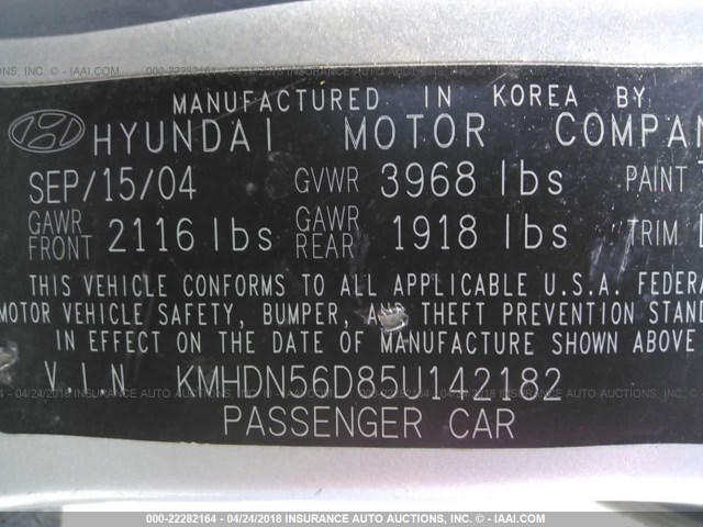 KMHDN56D85U142182 - 2005 HYUNDAI ELANTRA GLS/GT SILVER photo 9