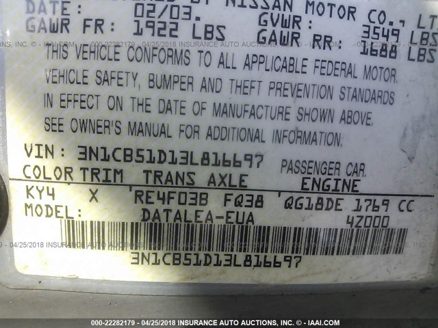 3N1CB51D13L816697 - 2003 NISSAN SENTRA XE/GXE GRAY photo 9