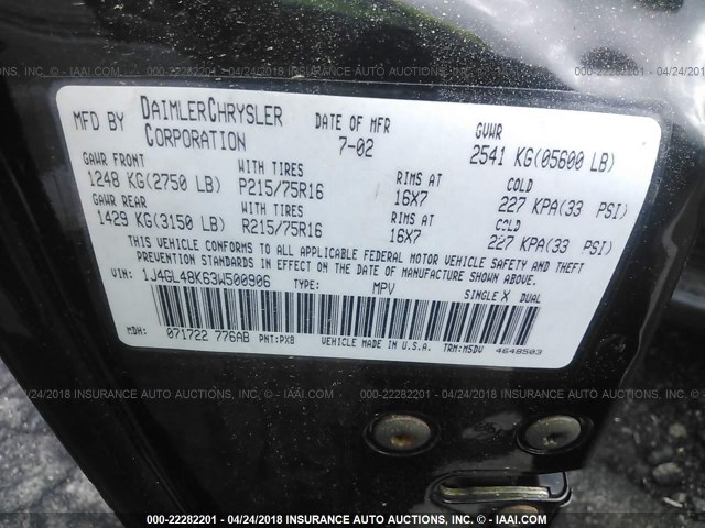 1J4GL48K63W500906 - 2003 JEEP LIBERTY SPORT/FREEDOM შავი ფოტო 9