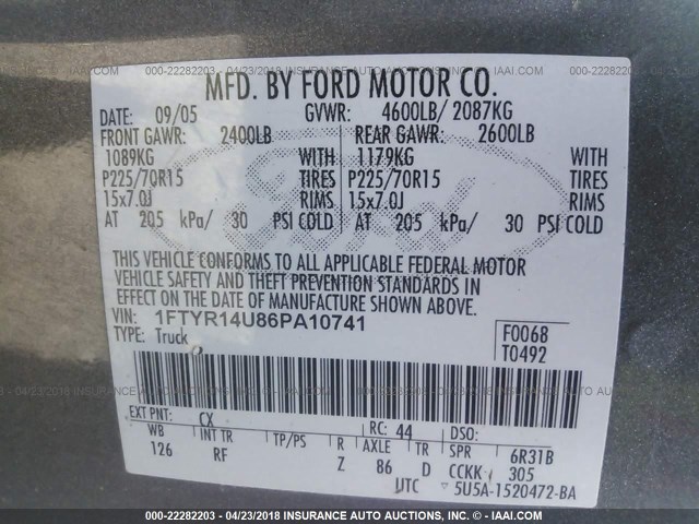 1FTYR14U86PA10741 - 2006 FORD RANGER SUPER CAB GRAY photo 9