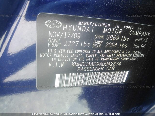 KMHDU4AD9AU942374 - 2010 HYUNDAI ELANTRA BLUE/GLS/SE BLUE photo 9