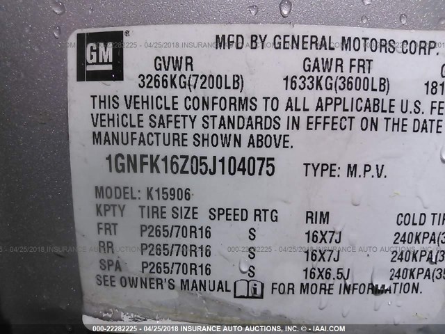 1GNFK16Z05J104075 - 2005 CHEVROLET SUBURBAN K1500 GRAY photo 9