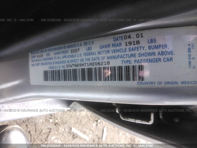 3VWTG69M71M206218 - 2001 VOLKSWAGEN JETTA GLX SILVER photo 9