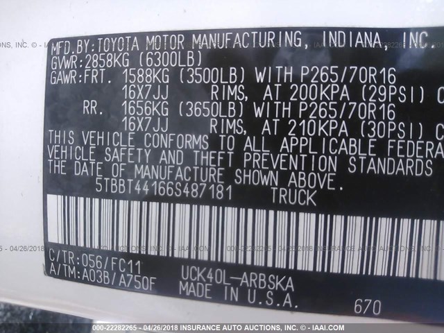 5TBBT44166S487181 - 2006 TOYOTA TUNDRA ACCESS CAB SR5 WHITE photo 9