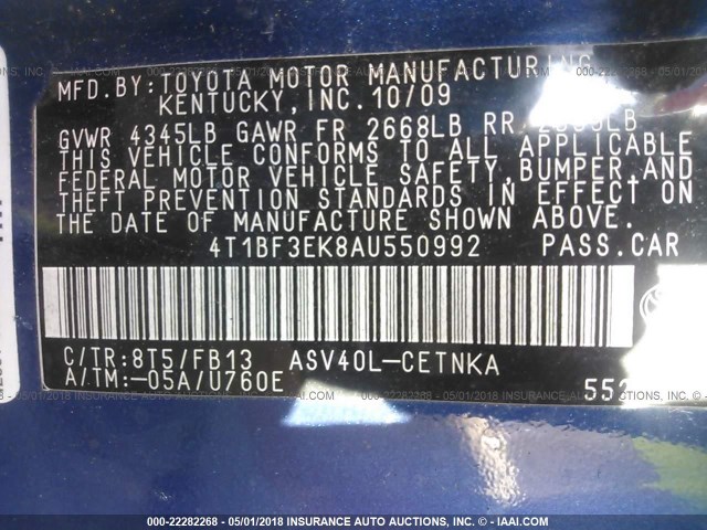 4T1BF3EK8AU550992 - 2010 TOYOTA CAMRY SE/LE/XLE BLUE photo 9