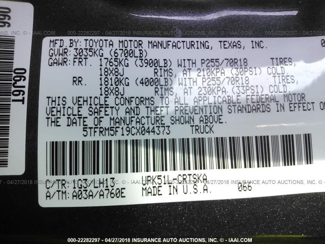 5TFRM5F19CX044373 - 2012 TOYOTA TUNDRA DOUBLE CAB SR5 GRAY photo 9