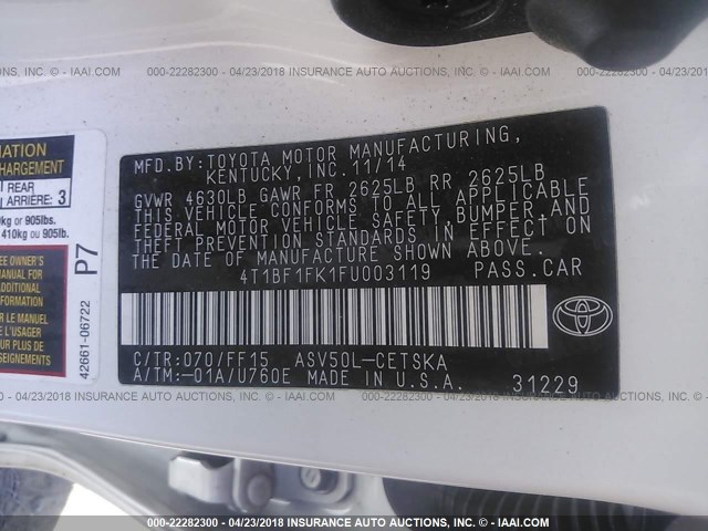 4T1BF1FK1FU003119 - 2015 TOYOTA CAMRY LE/XLE/SE/XSE WHITE photo 9