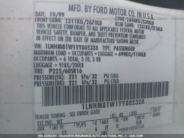 1LNHM81W1YY805328 - 2000 LINCOLN TOWN CAR EXECUTIVE Белый фото 9