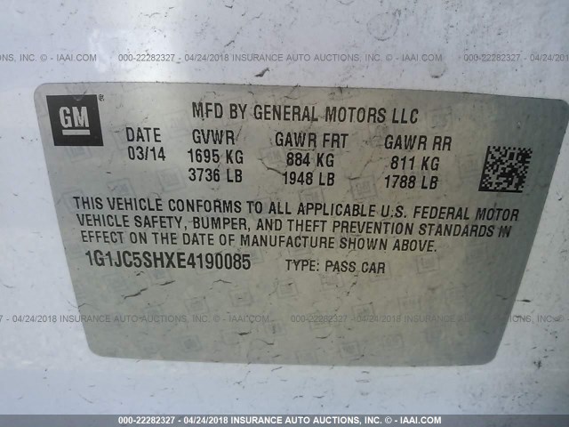 1G1JC5SHXE4190085 - 2014 CHEVROLET SONIC LT WHITE photo 9