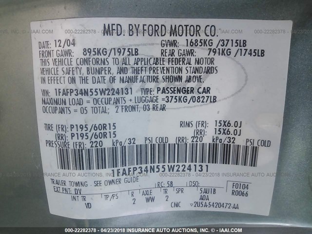 1FAFP34N55W224131 - 2005 FORD FOCUS ZX4 მწვანე ფოტო 9