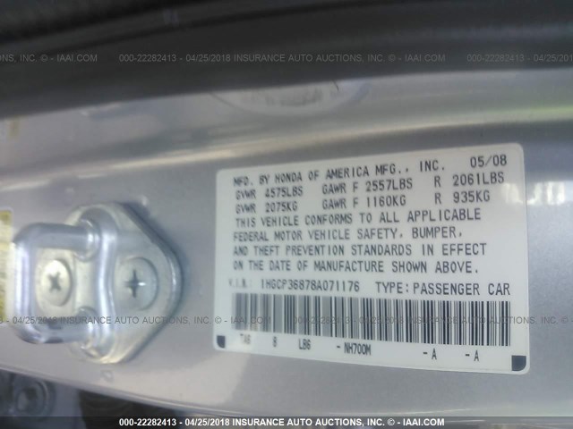 1HGCP36878A071176 - 2008 HONDA ACCORD EXL SILVER photo 9