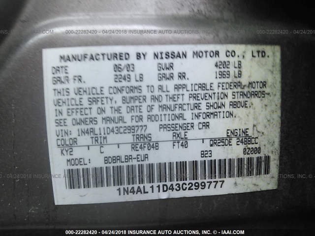 1N4AL11D43C299777 - 2003 NISSAN ALTIMA S/SL GRAY photo 9