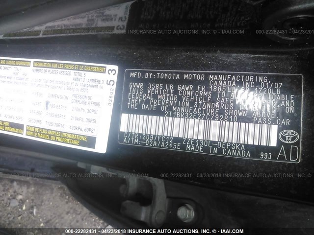 2T1BR32E27C792810 - 2007 TOYOTA COROLLA CE/LE/S BLACK photo 9