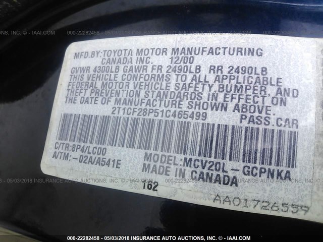 2T1CF28P51C465499 - 2001 TOYOTA CAMRY SOLARA SE/SLE ლურჯი ფოტო 9