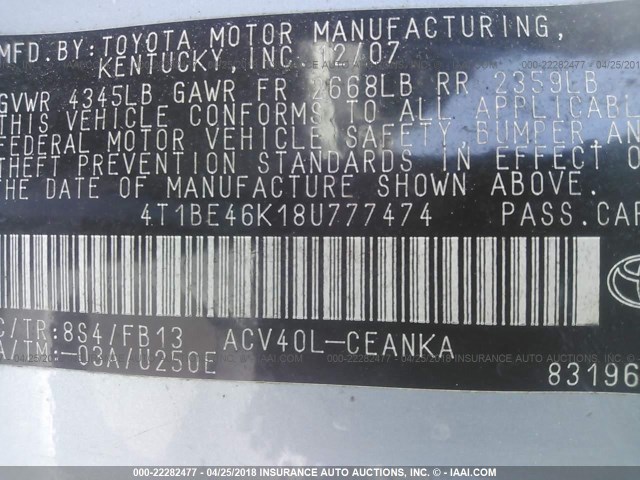 4T1BE46K18U777474 - 2008 TOYOTA CAMRY CE/LE/XLE/SE Light Blue photo 9