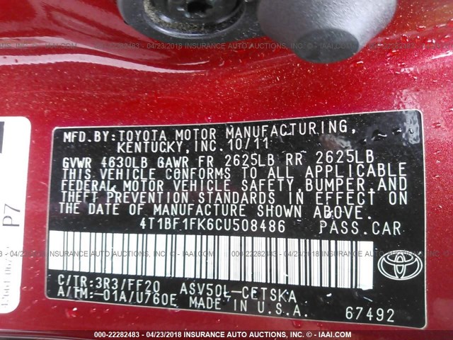 4T1BF1FK6CU508486 - 2012 TOYOTA CAMRY SE/LE/XLE RED photo 9