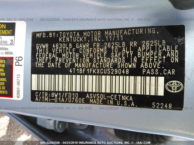 4T1BF1FKXCU529048 - 2012 TOYOTA CAMRY SE/LE/XLE BLUE photo 9