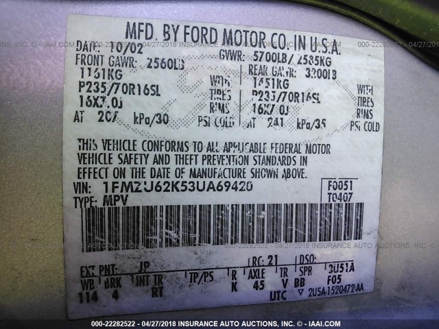 1FMZU62K53UA69420 - 2003 FORD EXPLORER XLS/XLS SPORT SILVER photo 9