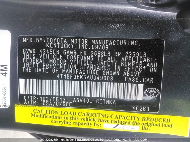 4T1BF3EK5AU049008 - 2010 TOYOTA CAMRY SE/LE/XLE GRAY photo 9