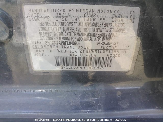 3N1CN7AP0FL840958 - 2015 NISSAN VERSA S/S PLUS/SV/SL BLUE photo 9