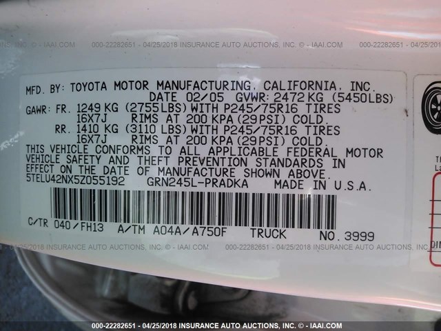 5TELU42NX5Z055192 - 2005 TOYOTA TACOMA DOUBLE CAB 白色 照片 9