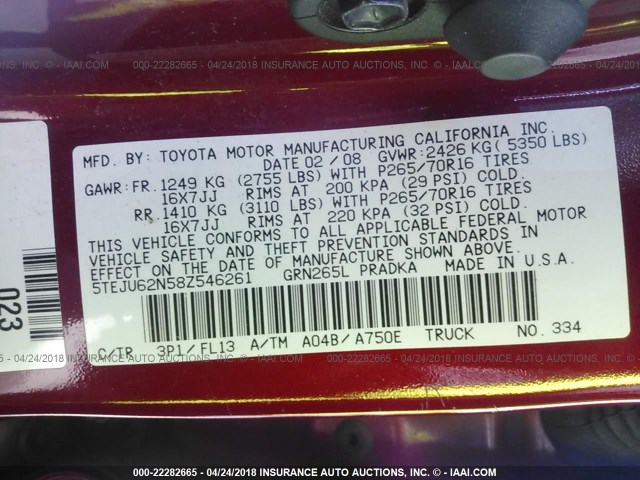 5TEJU62N58Z546261 - 2008 TOYOTA TACOMA DOUBLE CAB PRERUNNER BURGUNDY photo 9
