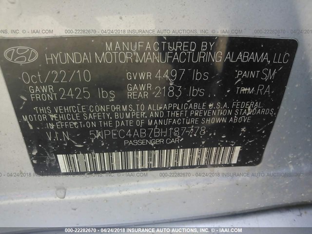 5NPEC4AB7BH187778 - 2011 HYUNDAI SONATA SE/LIMITED SILVER photo 9