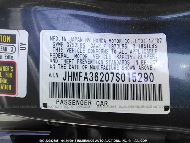 JHMFA36207S015290 - 2007 HONDA CIVIC HYBRID BLUE photo 9