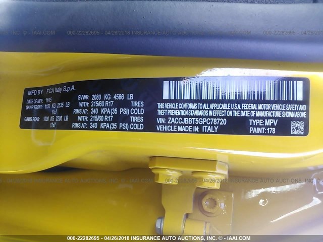 ZACCJBBT5GPC78720 - 2016 JEEP RENEGADE LATITUDE YELLOW photo 9