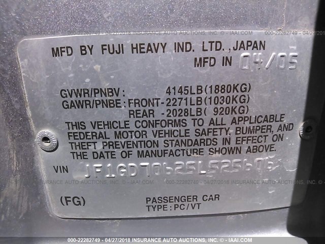 JF1GD70625L525606 - 2005 SUBARU IMPREZA WRX STI SILVER photo 9