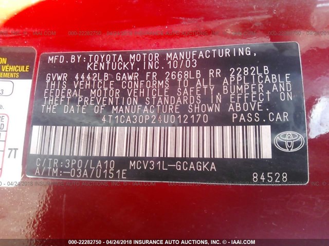 4T1CA30P24U012170 - 2004 TOYOTA CAMRY SOLARA SE/SLE RED photo 9