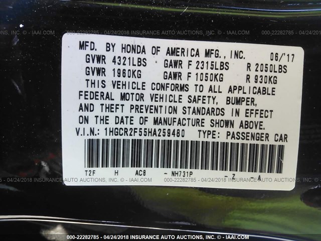 1HGCR2F55HA259480 - 2017 HONDA ACCORD SPORT 黑色 照片 9